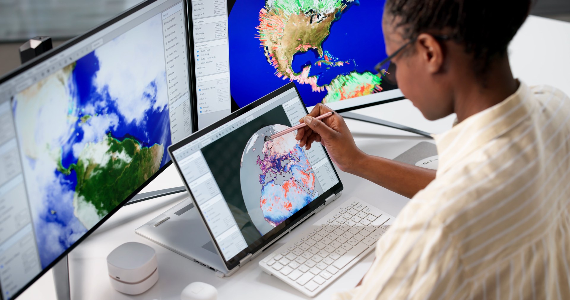 Lightning location data and atmospheric analysis on a multi-screen workstation