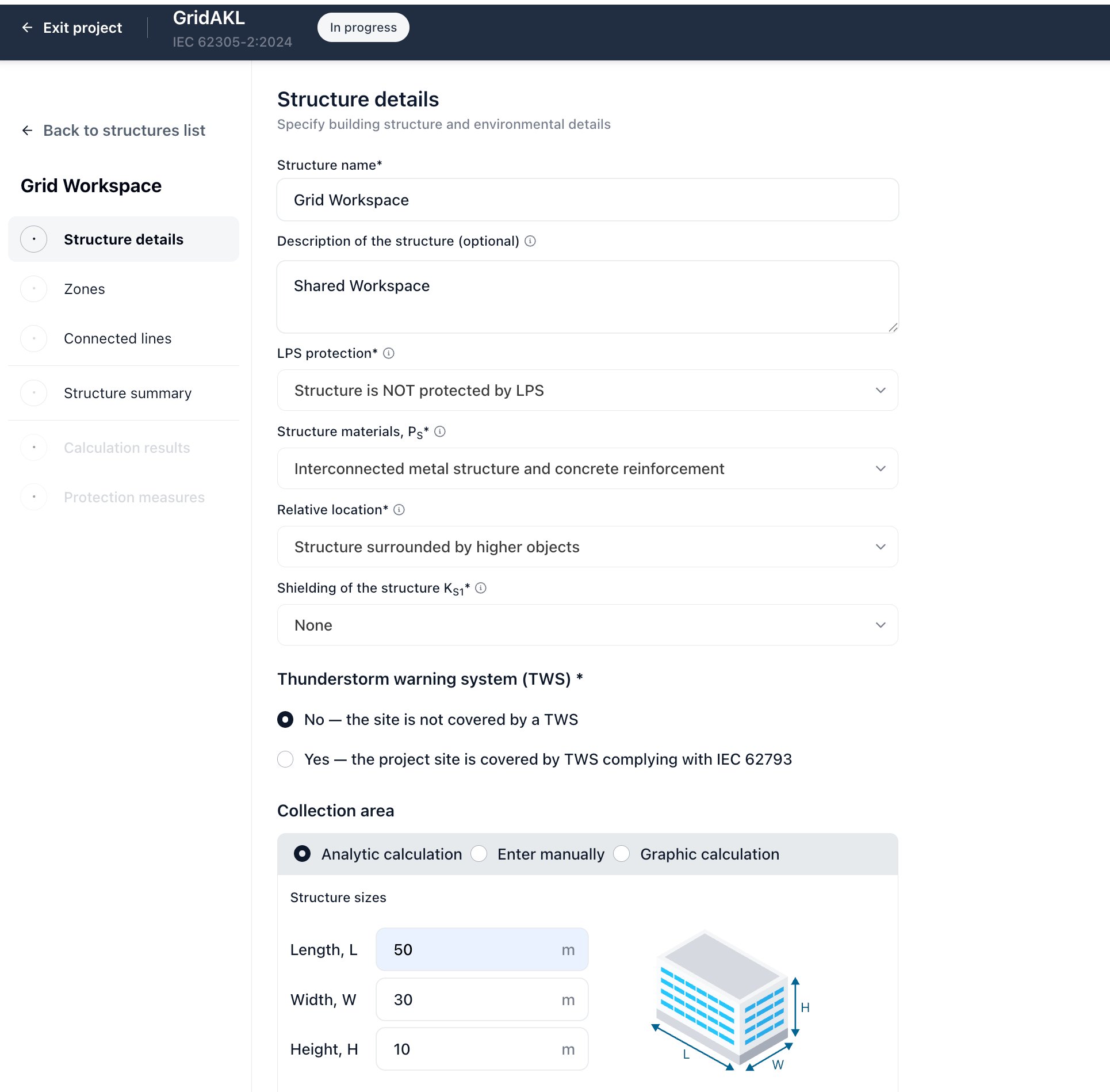 Skytree LRAplus structure details input form showing IEC 62305-2:2024 compliance configuration